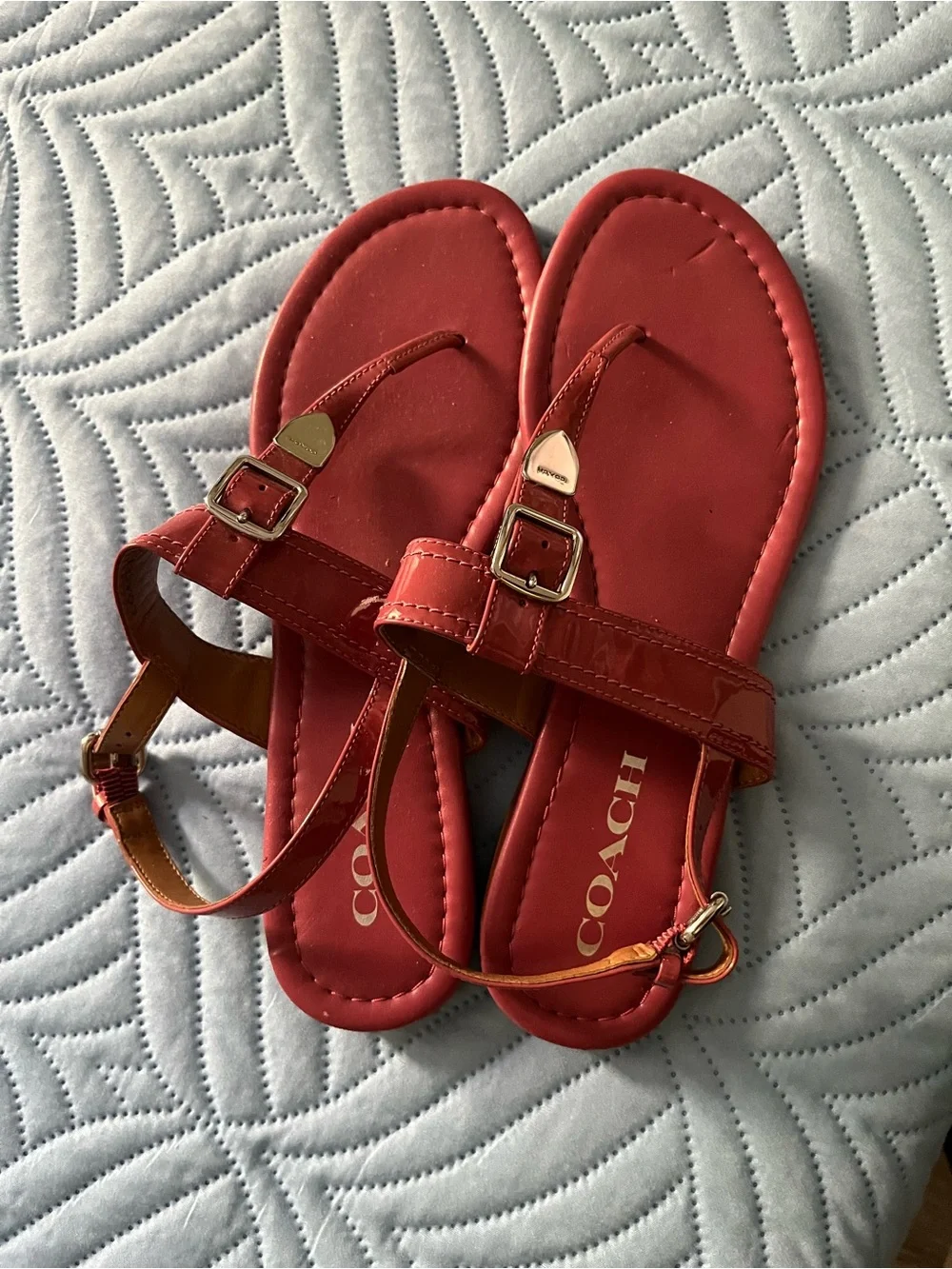 COACH Coral Pink Leather T-Strap Sandals with Gold Hardware